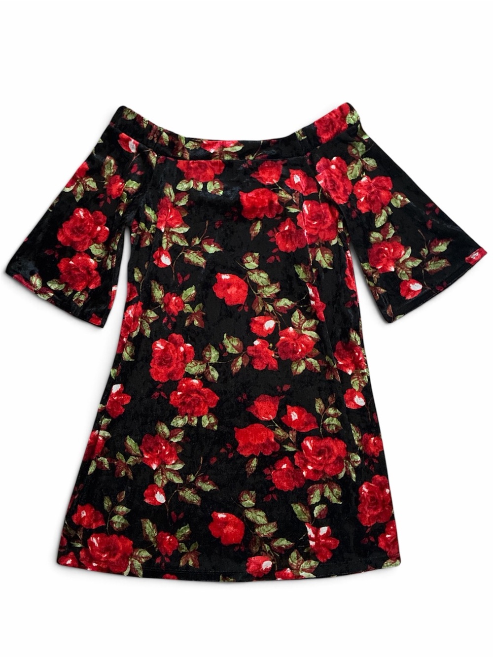 ODDY Black Off-Shoulder Mini Dress with Red Rose Print